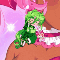 a cartoon character with green hair and a pink necklace
