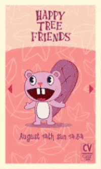 a poster for happy tree friends shows a beaver on a pink background