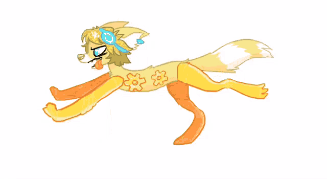 a cartoon drawing of a yellow and orange animal with flowers on its body