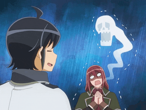 a man and a woman are standing in front of a ghost with a skull in it 's mouth