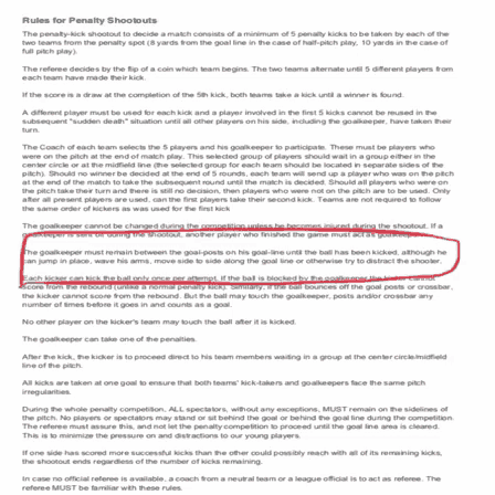 rules for penalty shootouts are highlighted in red on a page