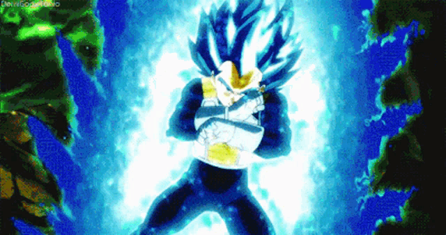 a cartoon character is standing in a dark room with a blue light coming out of his chest .