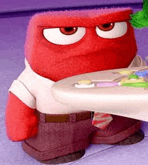 a stuffed animal from inside out is holding a remote control in his hand .
