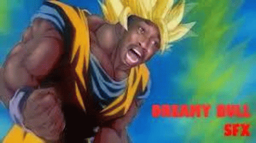 a cartoon of a man dressed as goku from dragon ball z with a yellow wig .