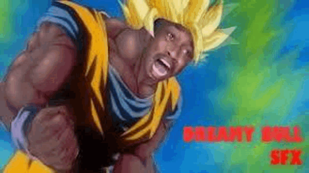 a cartoon of a man dressed as goku from dragon ball z with a yellow wig .