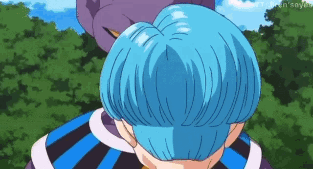 a person with blue hair is standing in front of a purple cat .