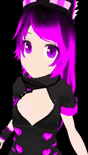 a girl with purple hair and blue eyes is wearing a black dress with hearts on it