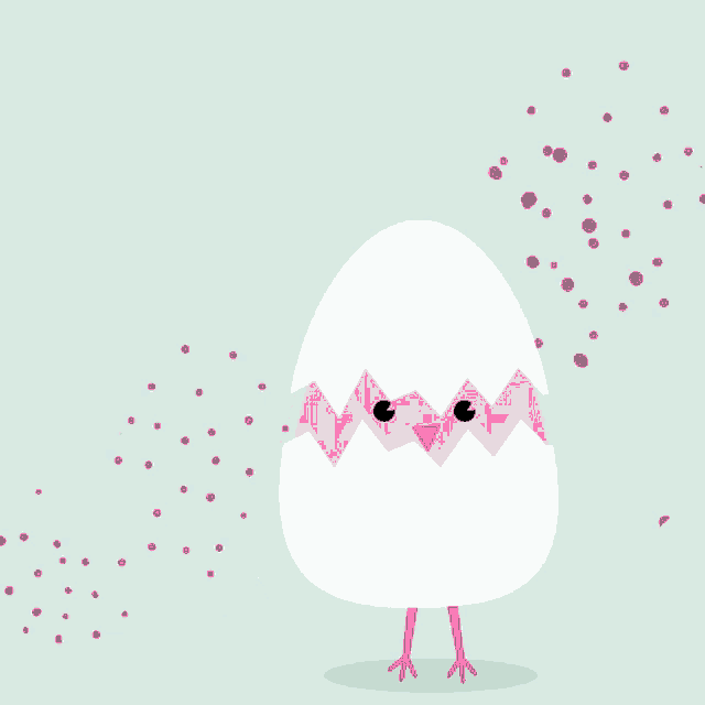 a pink and white bird with its eyes closed is standing next to a broken egg shell