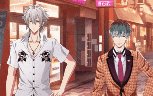 two anime characters standing in front of a store with a sign that says ' tobacco '