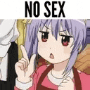 a girl with purple hair and red eyes is making a funny face while holding her finger up .