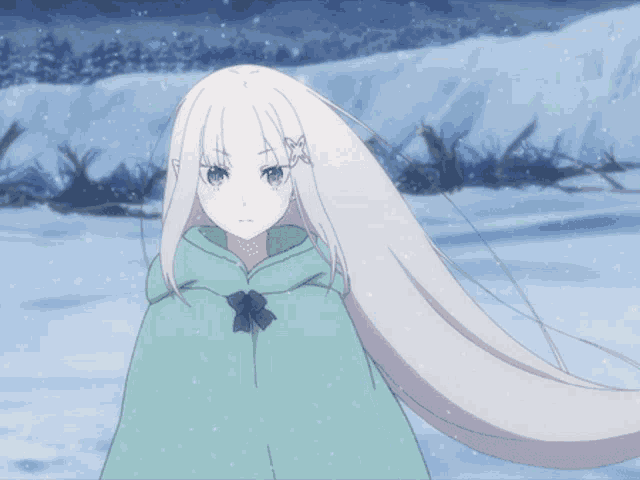 a girl with long white hair is wearing a green hooded cape