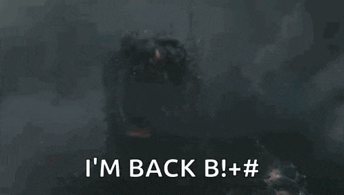 a close up of a monster with its mouth open and the words `` i 'm back b ! + # '' .