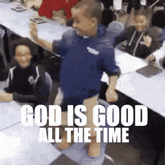 a boy is dancing in a classroom with the words god is good all the time on the bottom