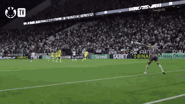 a soccer game is being played on a field with advertisements for sicredi and 1xbet