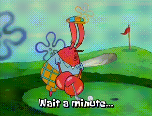 a cartoon of a crab playing golf with the words wait a minute below it