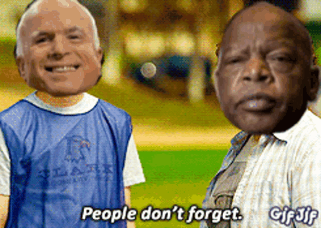 a gif of two men with their faces on their heads and the words people don 't forget
