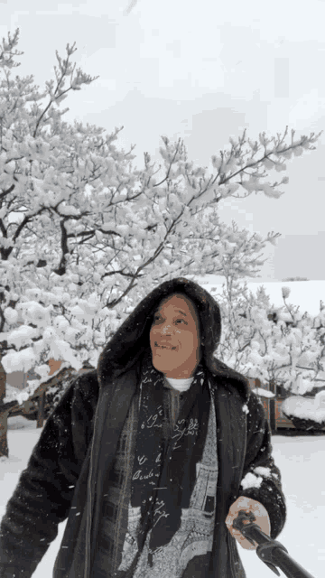 a man in a fur coat is standing in the snow holding a camera