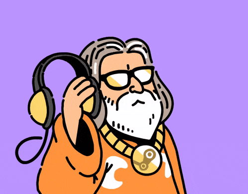 a cartoon of a man with a beard wearing headphones and a gold necklace