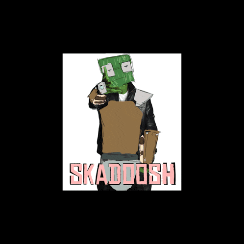 a drawing of a man with a green head and the words skadoosh below him