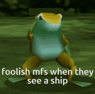 a frog with the words foolish mfs when they see a ship written on it