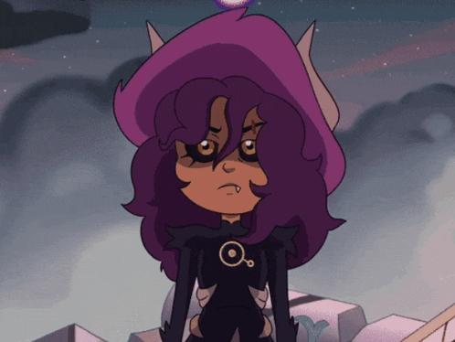 a cartoon character with purple hair and horns has a circle around her neck