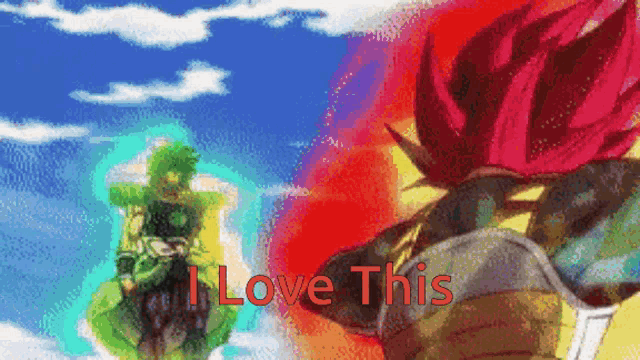a pixel art of broly and super saiyan gohan with the words i love this