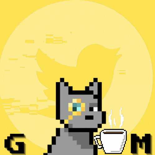 a pixel art of a cat holding a cup of coffee in front of a large x