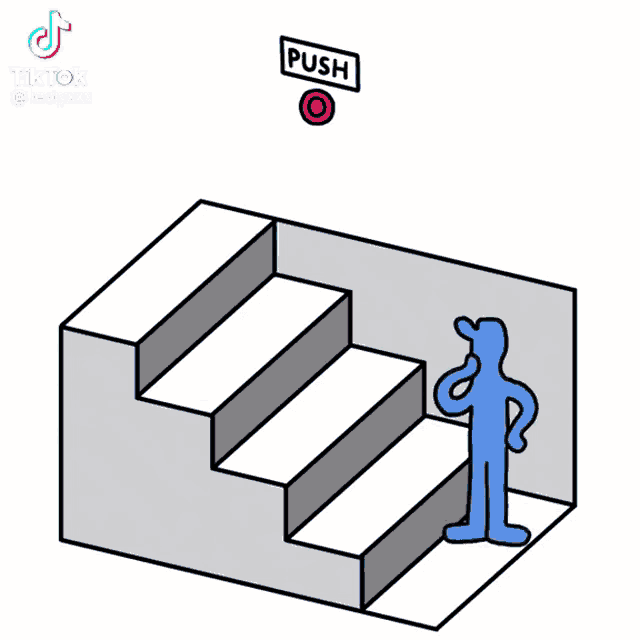 a drawing of a person walking up stairs with a sign that says push