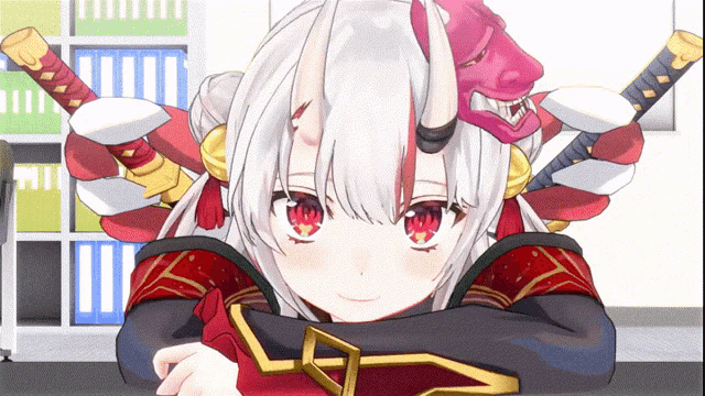 a girl with white hair and red eyes is wearing a samurai outfit