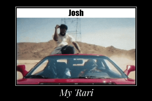 a picture of a man sitting on top of a red car with the words josh my rari