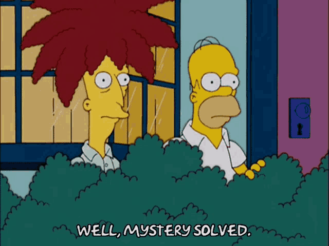 a cartoon shows homer simpson and a woman with red hair saying well mystery solved