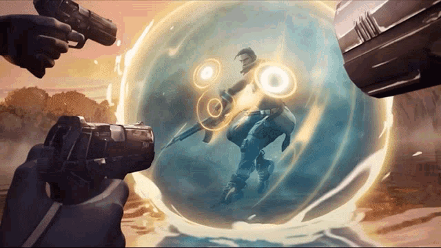 a person is holding a gun in front of a sphere