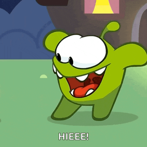 a green cartoon character says hieee on the bottom right