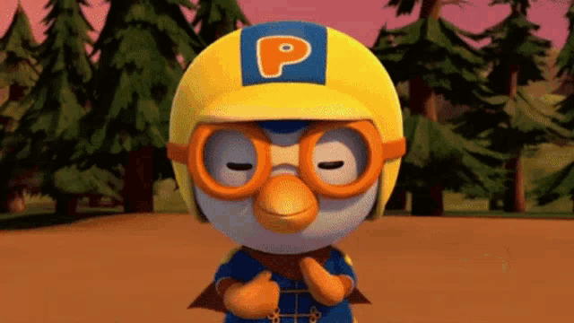 a cartoon character wearing a yellow helmet with a letter p on it