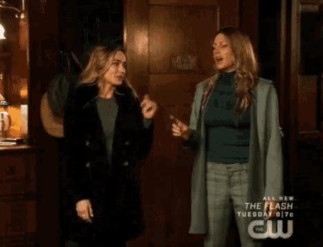 two women are standing next to each other in a room .