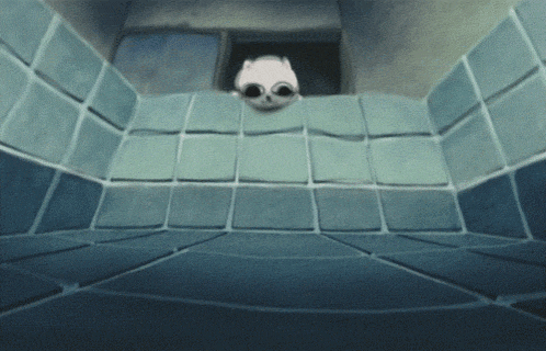 a cartoon cat is peeking out of a hole in a wall