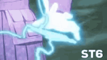 a cartoon character is being struck by a lightning bolt while standing in front of a purple wall .