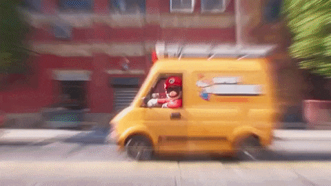 a cartoon character is driving a yellow van down a street .