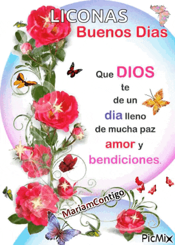 a picture of pink flowers and butterflies with the words liconas buenos dias