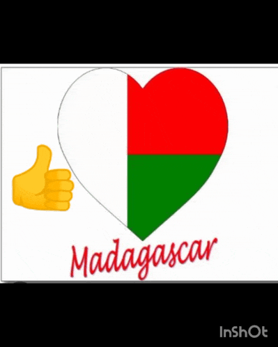 a cartoon hand is giving a thumbs up in front of a heart with the flag of madagascar on it