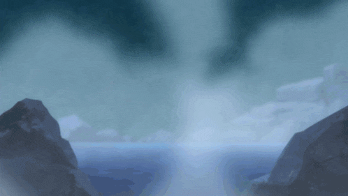 a painting of a landscape with a mountain and a body of water