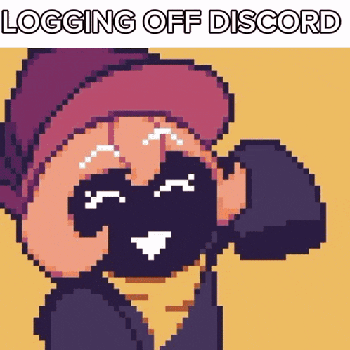 a pixel art of a person wearing sunglasses and a hat with the words logging off discord .