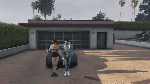 a man and a woman are standing in front of a garage in a video game with a screen that says " loading screen "
