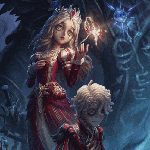 a girl with a crown on her head stands next to a boy in a red dress
