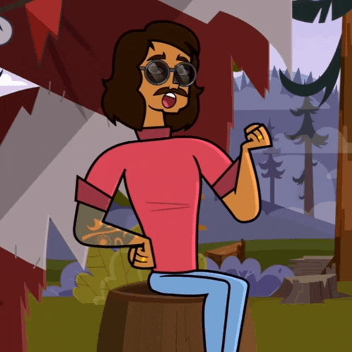 a cartoon character is sitting on a wooden stump