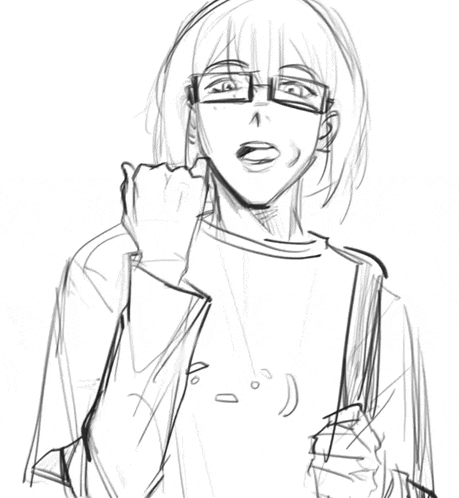 a black and white drawing of a person with glasses and a smiley face on their shirt