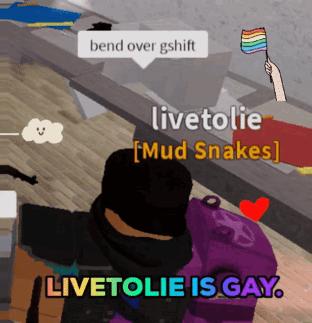 a person holding a rainbow flag with the words bend over gshift livetolie mud snakes and livetolie is gay