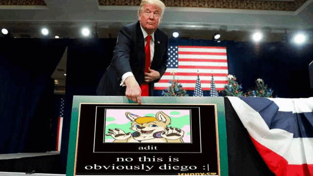donald trump pointing at a sign that says " no this is obviously diego "