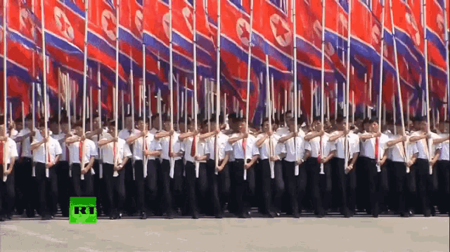 a group of people marching in a line with flags that say rt on them