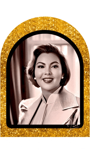 a black and white photo of a smiling woman with a gold frame around her
